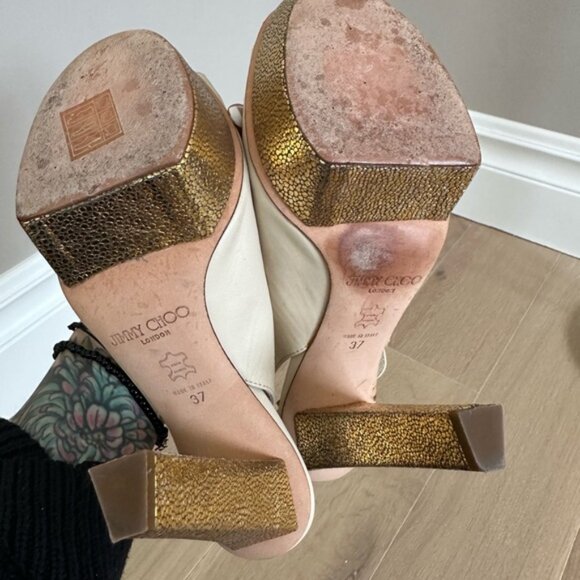 Jimmy Choo Cream Leather Slingback Peep Toe Metallic Platform Heels 37 - Picture 4 of 4